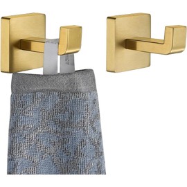 JQK - Gancho para toalla de baño, color dorado, para ropa, ropa de baño, ganchos de pared para cocina, cochera, SUS 304, acero inoxidable grueso, 0,8 mm, paquete de 2 unidades, oro cepillado, TH250-BG-P2
