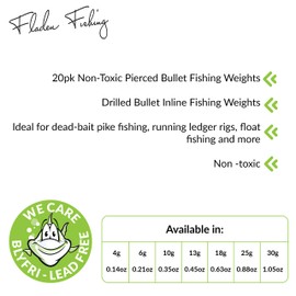 FLADEN Fishing - 20 x Bulk Pack of Pierced Bullet Non-Toxic Drilled In Line Weights Available in 4g 6g 10g 13g 18g 25g and 30g for Ideal for Dead-Bait Pike Float Fishing (25g / 0.88oz)