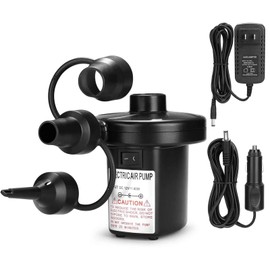 Bomba de Aire Eléctrica 2 en 1 con Adaptador de Corriente para Automóvil DC 12v y Boquillas AC 110-240V US Plug.3 para Inflar Colchones de Aire, Juguetes Inflables, Flotadores, Balsas, Botes, etc.