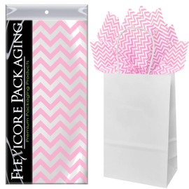 Flexicore Packaging White Kraft Paper Gift Bags & Light Pink Gift Wrap Tissue Paper | Size: 5.25 Inch X 3.25 Inch X 8.25 Inch | Count: 5 Bags | Color: Light Pink Chevron