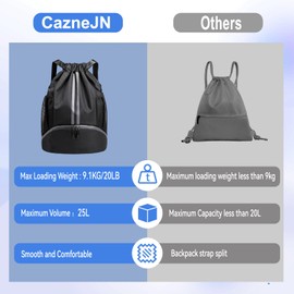 CazneJN Drawstring Sports Backpack with Shoe Compartment, Large Capacity Drawstring Gym Bag, Waterproof PE Backpack, for Football, Basketball Swimming, Holiday (Black)