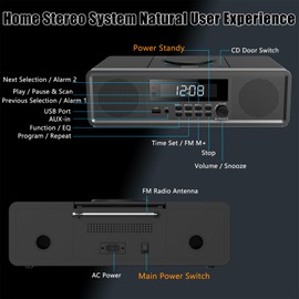 Compact Stereo System with CD Player, Bluetooth, Dual Alarms Clock, FM Radio, 20W RMS Clear Sound, USB/AUX Input, Snooze & Sleep Timer, Remote Control - for Home and Bedroom
