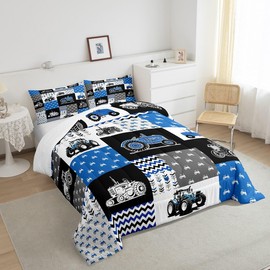 Farm Truck Comforter Set,Cartoon Car Bedding Set for Kids Girls Women,Adults Blue Gray White Comforter,Geometric Grid Quilted Duvet Set Bedroom Collection Twin Size 2Pcs