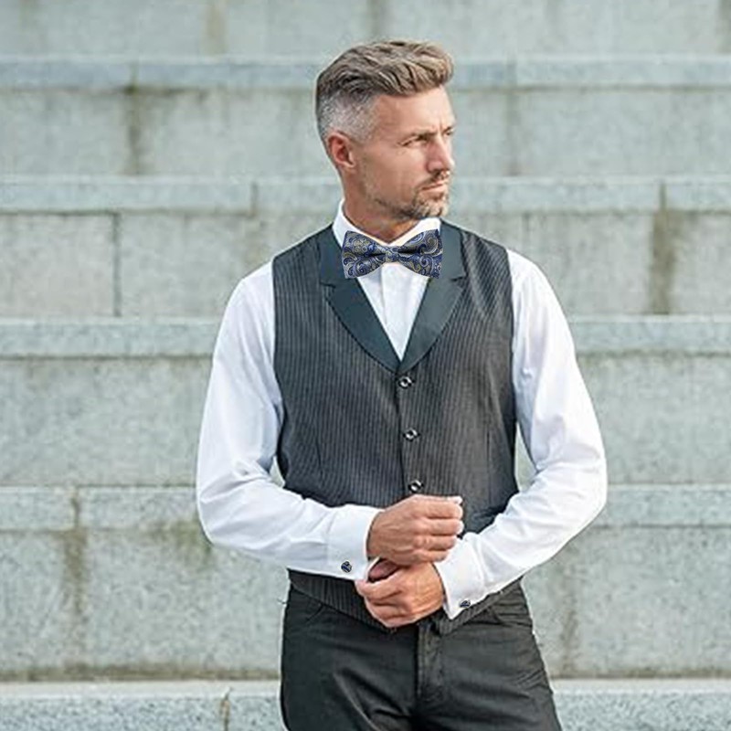 FOSDICK Men's Bow Tie and Cuffed Buttons with Pocket Square