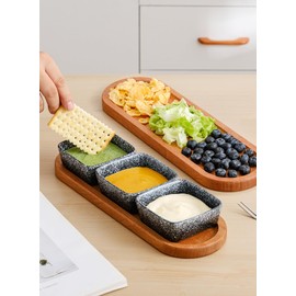 YJR Chip and Dip Serving Set, 3 pcs Ceramic Dipping Bowls with Wooden Tray, 3.5 Inch Small Serving Bowls for Side Dishes, Condiments, Dipping, Pre, Salsa, Entertaining, Party, Buffets, Snowflake
