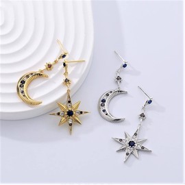 Bellitia Jewelry 925 Sterling Silver Asymmetry Earring Hypoallergenic Earrings for Women, Star Moon Fashion Jewelry Gold Silver Plated Bling Drop Earrings with 5A Cubic Zirconia