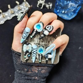 TRENTSNOOK 10 Pcs Handmade Mine Nail Tips Reusable Blue and Black Long Nails, Perfect for Fireworks Displays, Coming of Age Ceremonies, Graduations, Karaoke (M)
