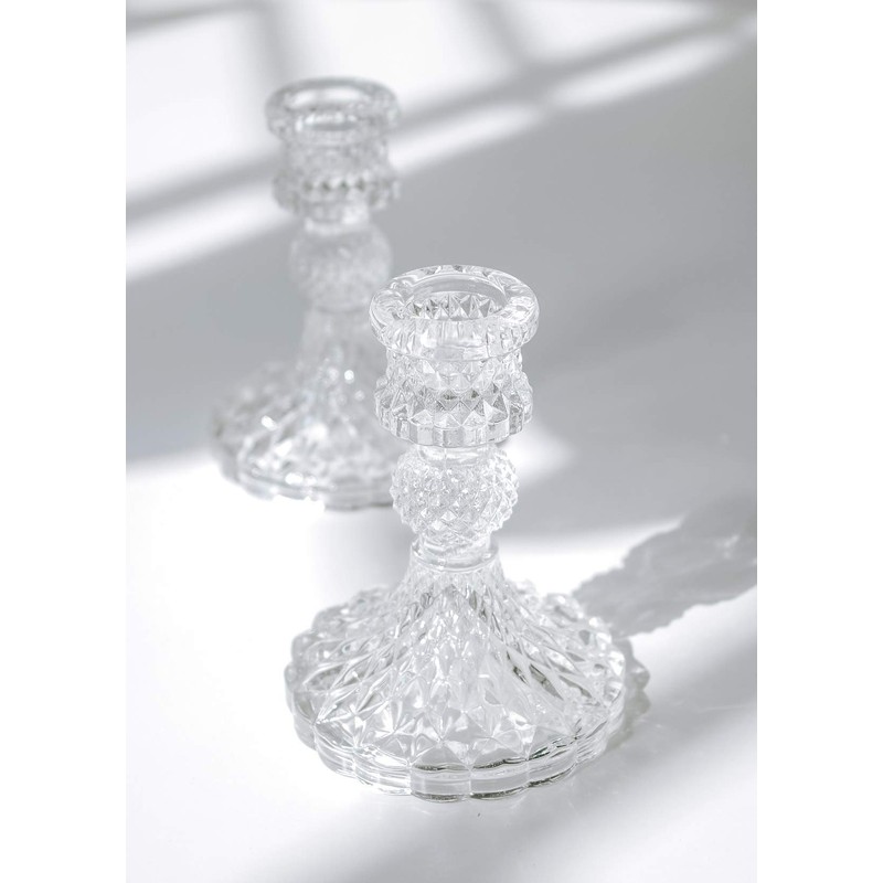 Taper Candle Holders Set of 2, Clear Glass Candlestick Holder