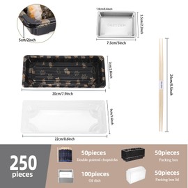 Sbirdbao Disposable Dinnerware Set for 50pcs Sushi Trays Containers with Lids 8.6 x 3.6 Inch Disposable Sushi Take Out Boxes, 50 Pairs Japanese Bamboo Chopsticks, 100pcs Soy Sauce Dishes