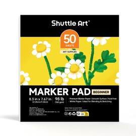 Shuttle Art Marker Pad, 8.3”x7.67” Portable Square Sketchbook, 50 Sheets Marker Drawing Paper, 98LB/160GSM Smooth Surface Bleedproof Art Paper, Glue-Bound, Great for Beginners to Draw, Paint & Sketch
