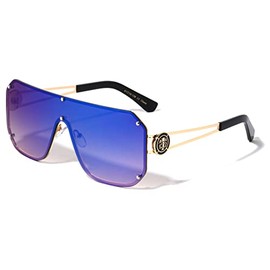 Kleo Regent - Rimless Studded Flat Top Side Coin Lion Head Medallion Shield Hip Hop Sunglasses (Blue Gold)