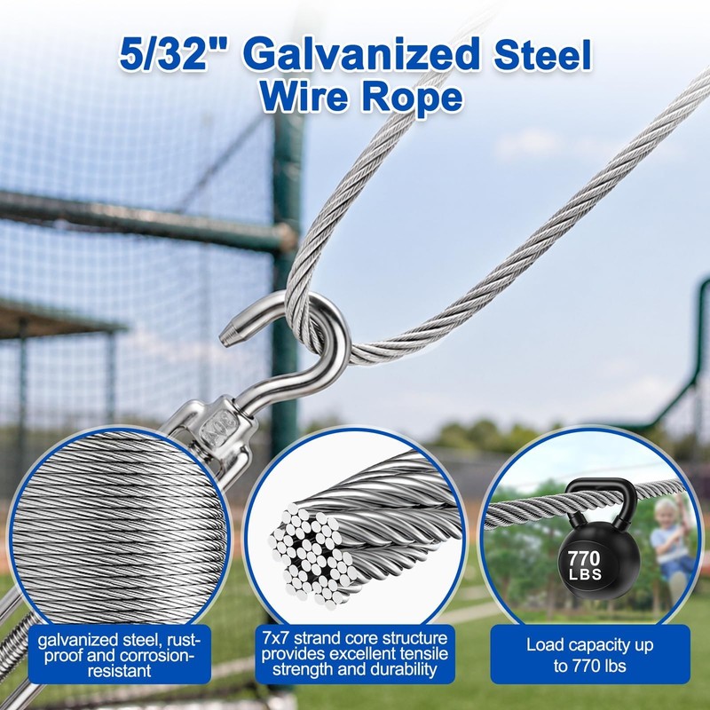 Batting Cage Cable Kit for 20FT, Retractable Batting Cage Wire