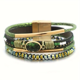 JWIGP Boho Layered Bracelet for Women – Green Crystal Beaded Wrap Bracelet with Gold Clasp, Multi-Strand Hypoallergenic Statement Jewelry (Green)