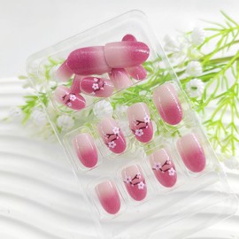 Gradient Press on Nails Oval Short Fake Nails Glossy Acrylic Glue on Nails with Flower Glitter Designs Rose Red Ombre False Nails Shoer Round Nails Preess ons for Girls and Women 24Pcs