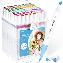 Ohuhu Rotuladores de 64 colores a base de agua con doble punta cincel y brocha para colorear adultos, caligrafía, boceto, diario de bala, 1 licuadora incolora, regalo para niños