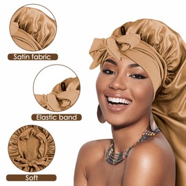 Adorila Extra Long Satin Bonnet for Women, Adjustable Braided Bonnet with Tie, Double Layer Elastic Silk Bonnet, gold