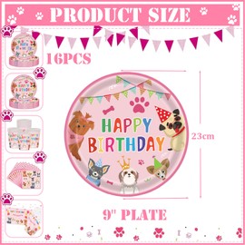 16p Paw Print Puppy Dog Birthday Paper Plates 9" Pink,Girl Dog Birthday Disposable Dinnerwarer Plates,Pet Dog Party Tableware Paper Plates for Girl Puppy Dogs Theme Birthday Party Decorations Supplies