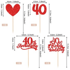 24 piezas de adornos para cupcakes del 40 aniversario, corazón rojo con purpurina 40 rubíes para bodas y aniversarios de 40 años, decoraciones de pasteles para felices 40 años, suministros para fiestas de aniversario de boda