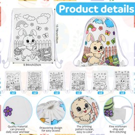 Dansydaisy 12 Pcs Color Your Own Easter Canvas Drawstring Bags Coloring Happy Easter Egg Bunny Chick Crafts Gift Bags for Candy Treat Goodies Bulk Party Favors