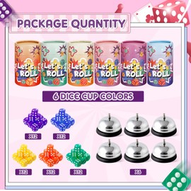 RoundFunny 6 Sets Bunco Game Kit Party Supplies for Ladies Night Family Group Board Games 72 Colorful Dice 6 Bells 6 Dice Cups with Lids Christmas Bunco Gift for Women up to 6 Groups of 2-12 Players