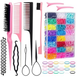 Peines para Peinados de Mujer-Juego de 10 Peines Profesionales+2000 Bandas Elásticas Mini-Kit de Peinados para Niñas y Mujeres-Incluye 24 Colores de Ligas-Color Rosa