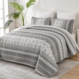 WONGS BEDDING Boho Quilt Set King Size, Gray Bohemian 3 Pieces Quilt Sets, Grey Lightweight Bedspread Coverlet Bedding Set for All Season (104"x90")