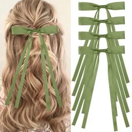 Vodolo Green Hair Bows for Women,4 PCS Large Bow Hair Clips Tassel Ribbon Bowknot With Long Tail,Ribbon Hair Bows Barrettes for Thick Thin Hair,Nonslip Hair Accessories Christmas Birthday Gifts