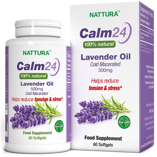 NATTURA Calm Aid Lavender Oil Pills - 500mg -60 Softgels - 100% Natural, Helps Reduce Stress, Calming for Body & Mind, Non-GMO, Certified Kosher