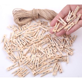 DIYASY 120 Pcs Mini Wooden Clips,1 Inch Mini Clothespins,Photo Paper Peg Pin Craft Clips with 2 Jute Twine
