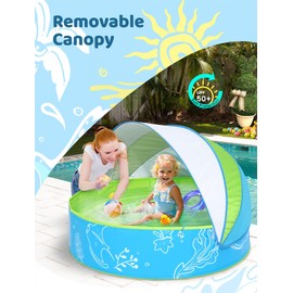Hikiddy Foldable Kiddie Pool with Canopy: 47in Baby Pool and Beach Tent for Toddlers Infants 6-12 Months and Kids 2-4 Years Old - Portable Water Play with Shade for Outdoor Backyard Beach (Blue-Green)