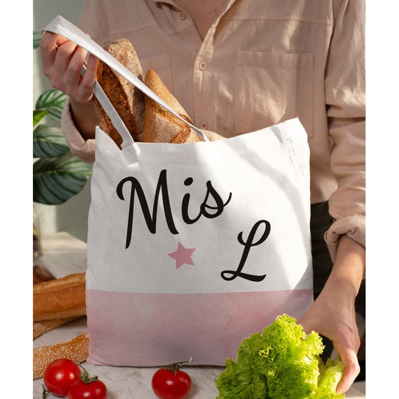SZERE Initial L Pink Canvas Tote Bag, Miss L Initial