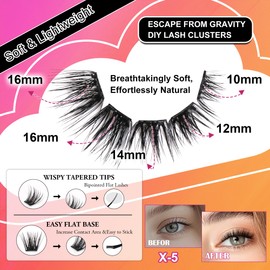 JoMay Self Adhesive Eyelashes Extension Kit Flat Lash Soft Pre-Glued Clusters Press on Lashes No Glue Needed Natural and Wispy Cluster DIY 56PCS (Self Adhesive Lash Ultra Flat Soft X5, 10-16mm MIX)