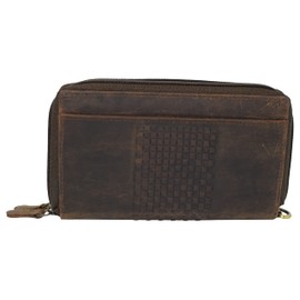 MARSHAL Genuine Leather Double Zipper Clutch Checkbook Wallet for Women #4575CF (Vintage Brown)