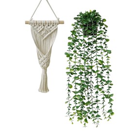Avoik Artificial Eucalyptus Wall Hanging Decor, Artificial Hanging Greenery Plants, Macrame Plant Hanger with Faux Vines Hanging Planter for Boho Chic Home Office Bedroom Indoor Farmhouse Decor