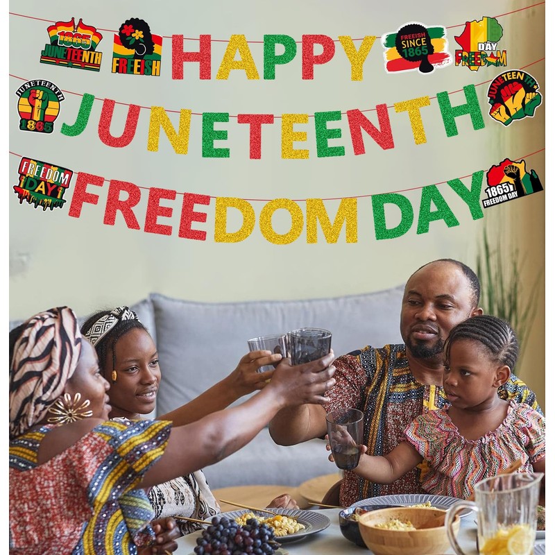 Pre-Strung Happy Juneteenth Freedom Banner Decorations for Party, Glitter Juneteenth