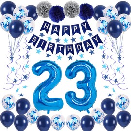 NANINUNENO 23rd Birthday Party Decorations In Blue Boys, Girls, Men And Women, Supplies Happy Balloons With Banner, Numbers, Star Streamers, Swirls Hanging