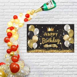 Happy Birthday Backdrop Banner Extra Large Black and Gold, Hanging Party Decoration Fabric Yard Sign Poster, It is Your Birthday Photo Booth Photography Background Supplies (1PCS)