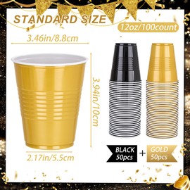 12 oz Disposable Plastic Cups – Black & Gold 2-Color Combo (100Pack) | 50 Black + 50 Gold per Pack | Two-Tone Party Cups for Spring Break,Easter,Game Day,Weddings, Birthdays, BBQs& Everyday Use