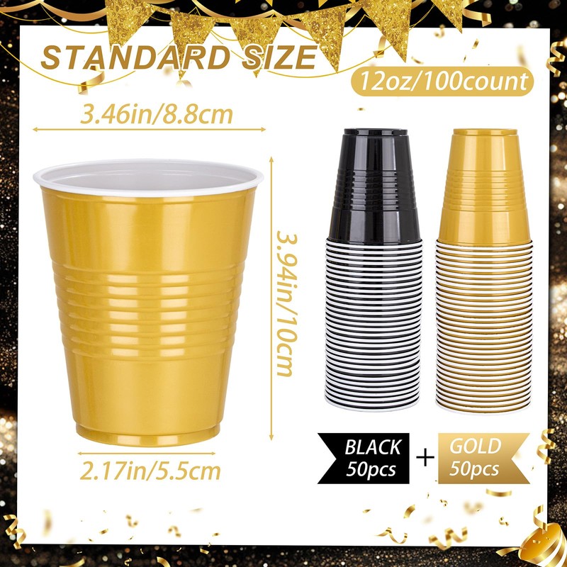 12 oz Disposable Plastic Cups – Black & Gold 2-Color