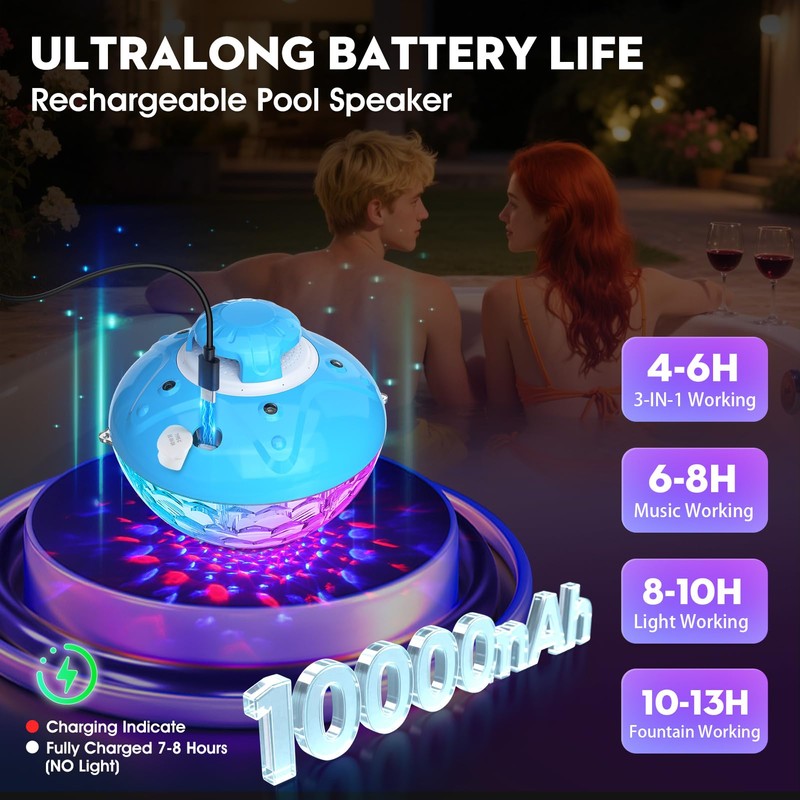 Blufree Bluetooth Pool Speaker w/Colorful Pool Fountain Light, 3 in