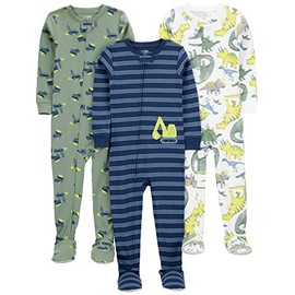 Simple Joys by Carter's Toddlers and Baby Boys' Snug-Fit Footed Cotton Pajamas, Pack of 3, Navy Stripe/Sage Green Construction/White Dinosaur, 3T