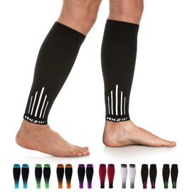NEWZILL Calf Compression Sleeve for Men & Women | Footless Compression Socks for Shin Splint Relief, Varicose Veins | Leg Sleeve for Running, Travel, Nursing, Work, Fitness (L/XL Black/White 1Pair)