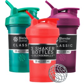 BlenderBottle Classic V2 Shaker Bottle Perfect for Protein Shakes and Pre Workout, 20-Ounce (3 Pack), Red, Green, Plum