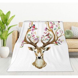 HGOD DESIGNS Watercolor Deer Big Antlers Flowers and Birds on the Horns Throw Blanket Soft Warm Lightweight Blanket for Women Birthday Christmas, Home Living Room Decor 130x150cm