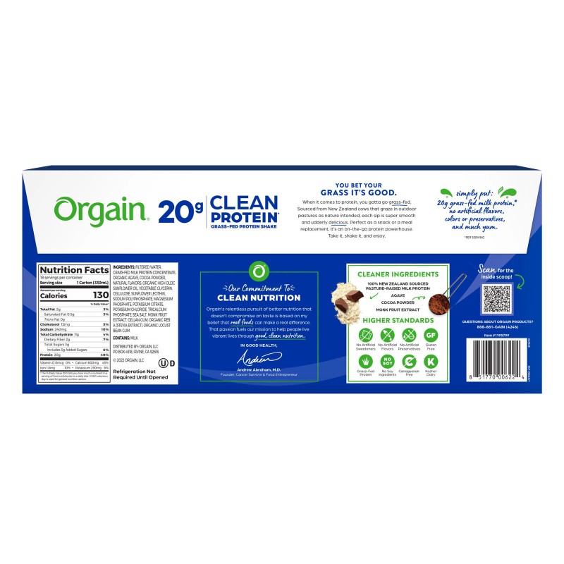 Orgain Clean Grass Fed Protein Shake, Creamy Chocolate Fudge, 11