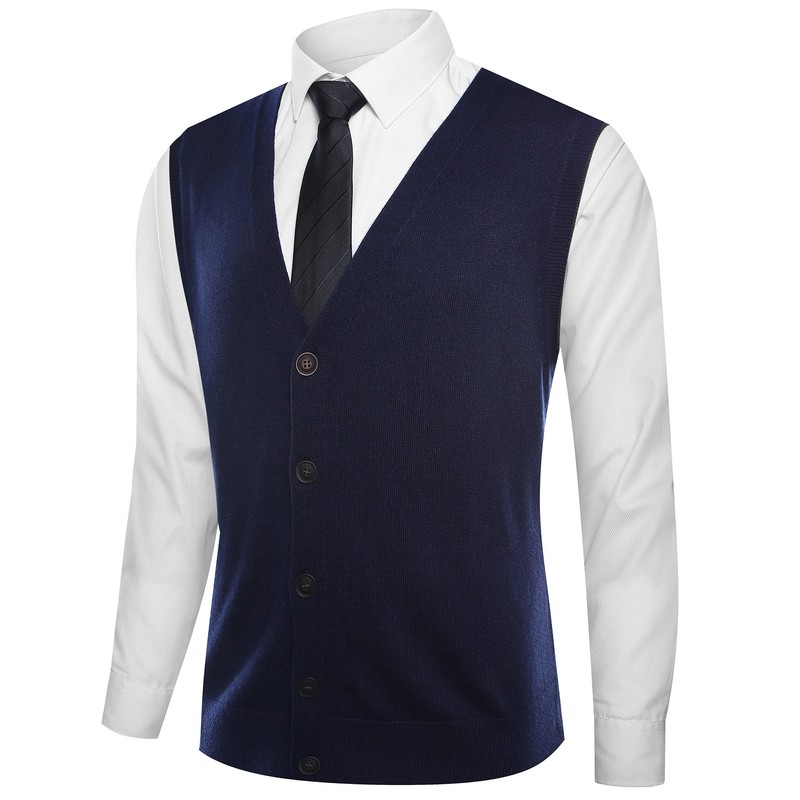 Kallspin Men's Knitted Cardigan Sleeveless V-Neck Wool Blend, navy