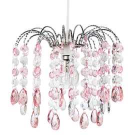 Happy Homewares Contemporary Waterfall Designed Pendant Light Shade with Pink and Clear Acrylic Droplets - Chrome Plated Metal Frame