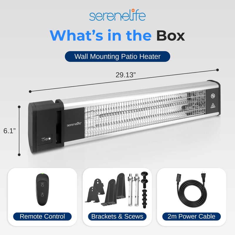 SereneLife Infrared Patio Heater, Wall-Mounted Electric Heater with Remote, 1500W,