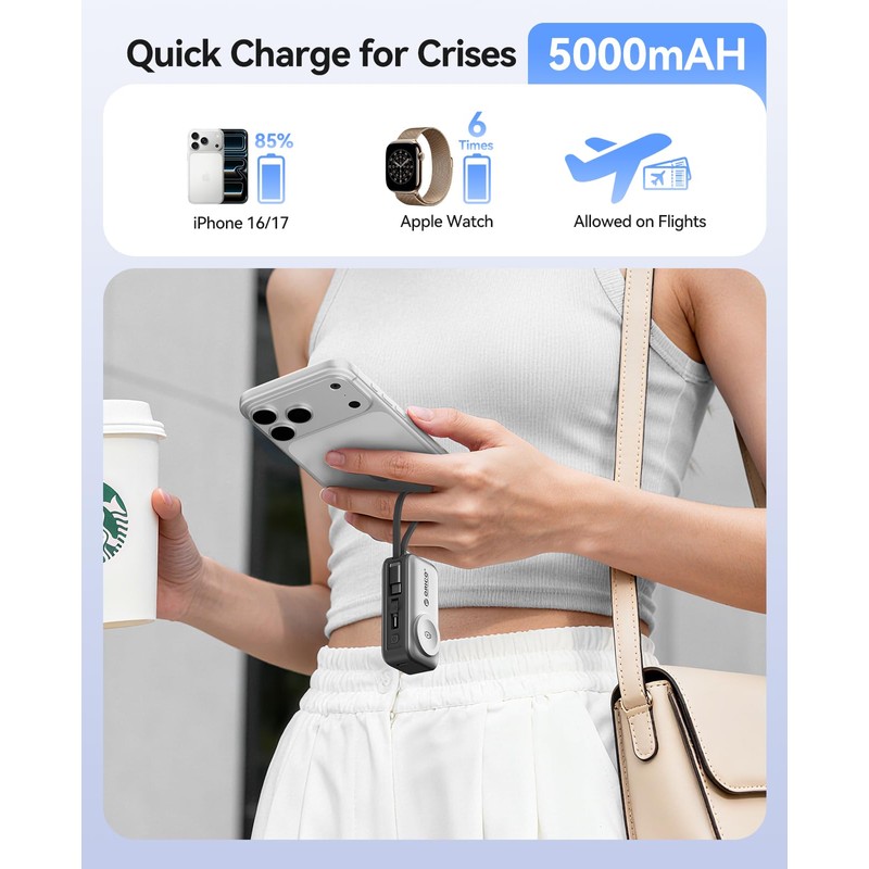ORICO 5000mAh Portable Charger with Built-in USB-C Cable