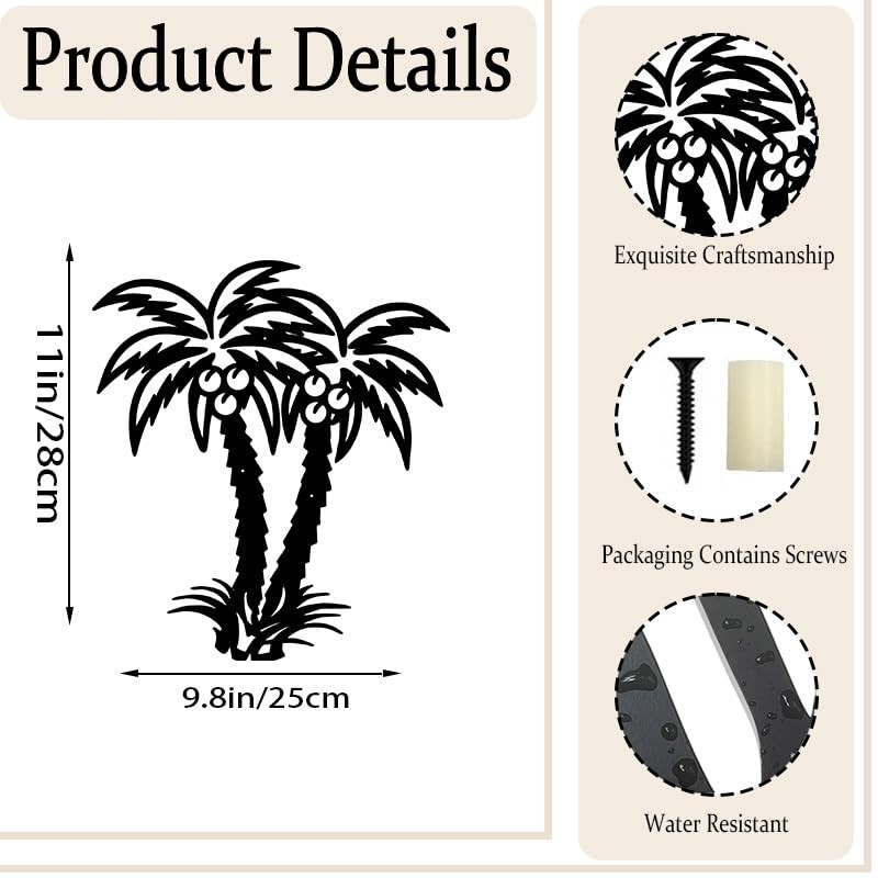 BFORXRO Metal Palm Tree Wall Art Decor, Black, 9.8x11 Inch